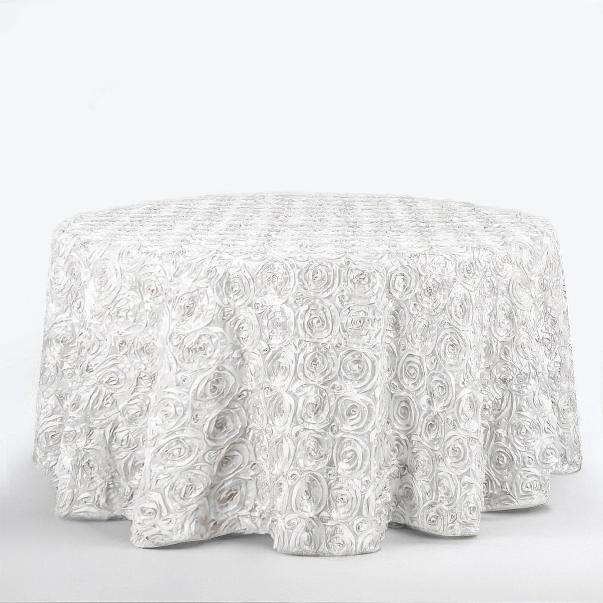 Satin 120" Round Tablecloth White - Grandiose 3D Rosette Design with Seamless Finish for Luxe Events