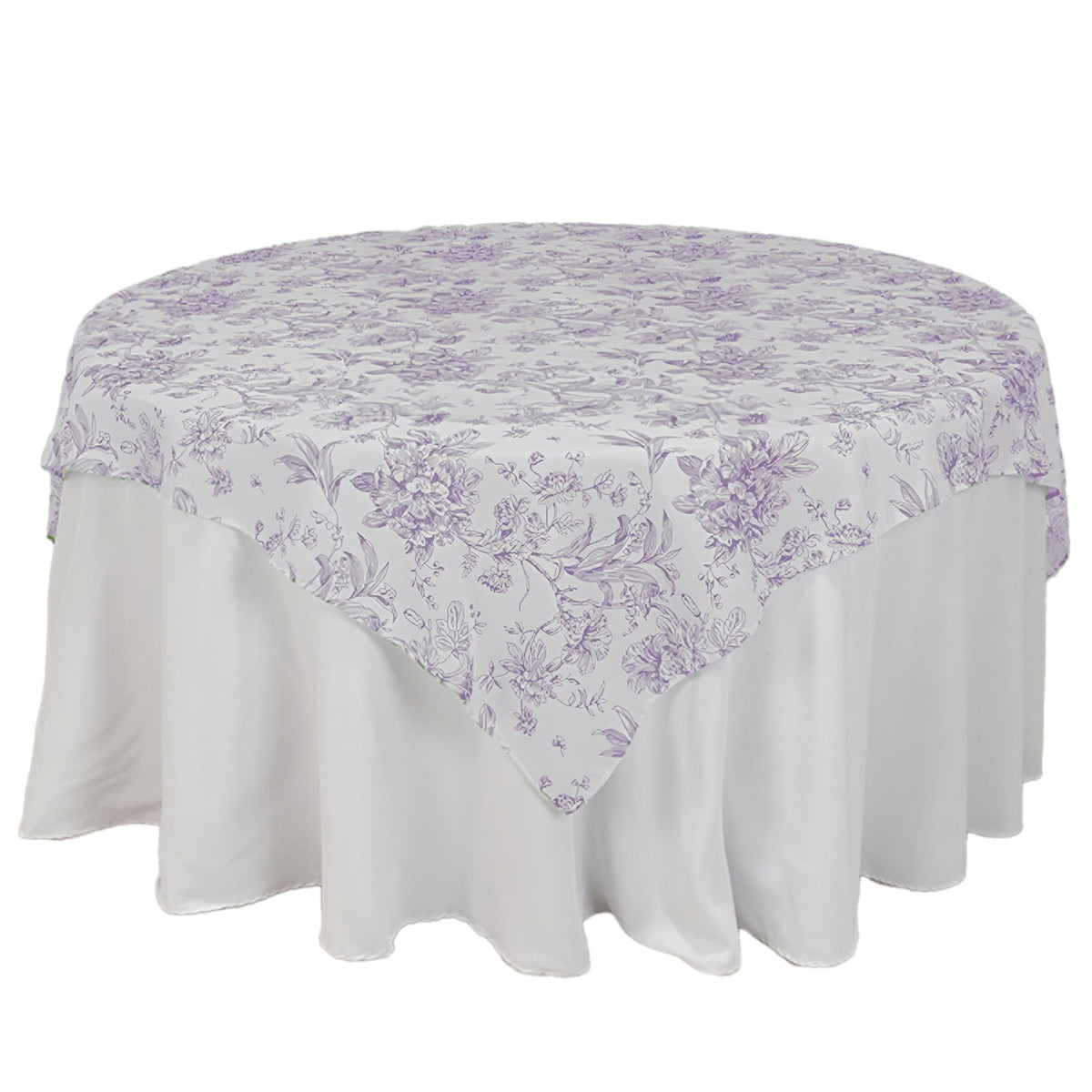 Polyester 70"x70" Table Overlay White - Lavender Lilac French Toile Pattern for Stylish Events