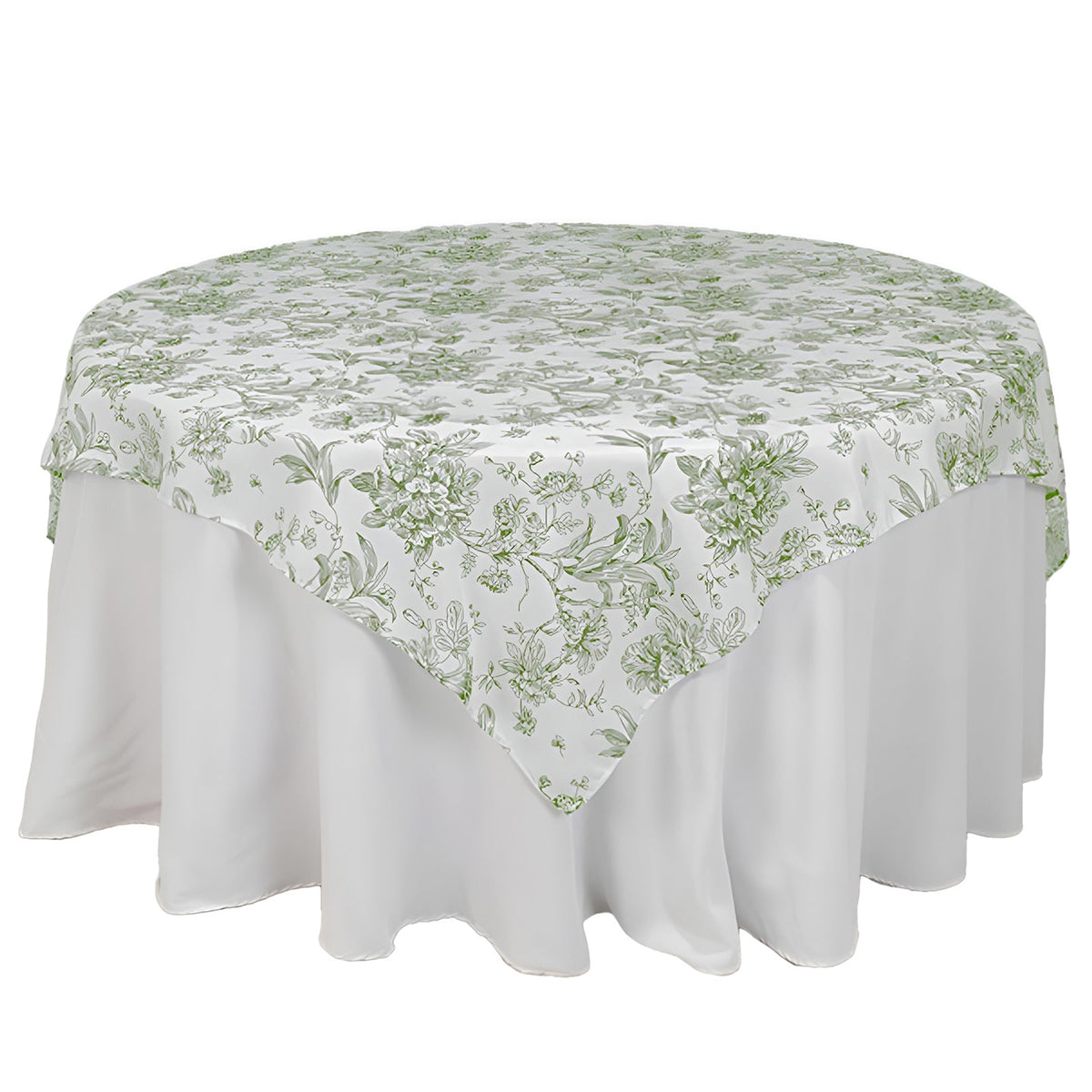Polyester 70"x70" Table Overlay White - Dusty Sage Green French Toile Pattern for Stylish Events
